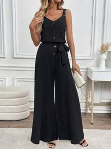 INAWLY Mono informal de pierna ancha de unicolor para mujer