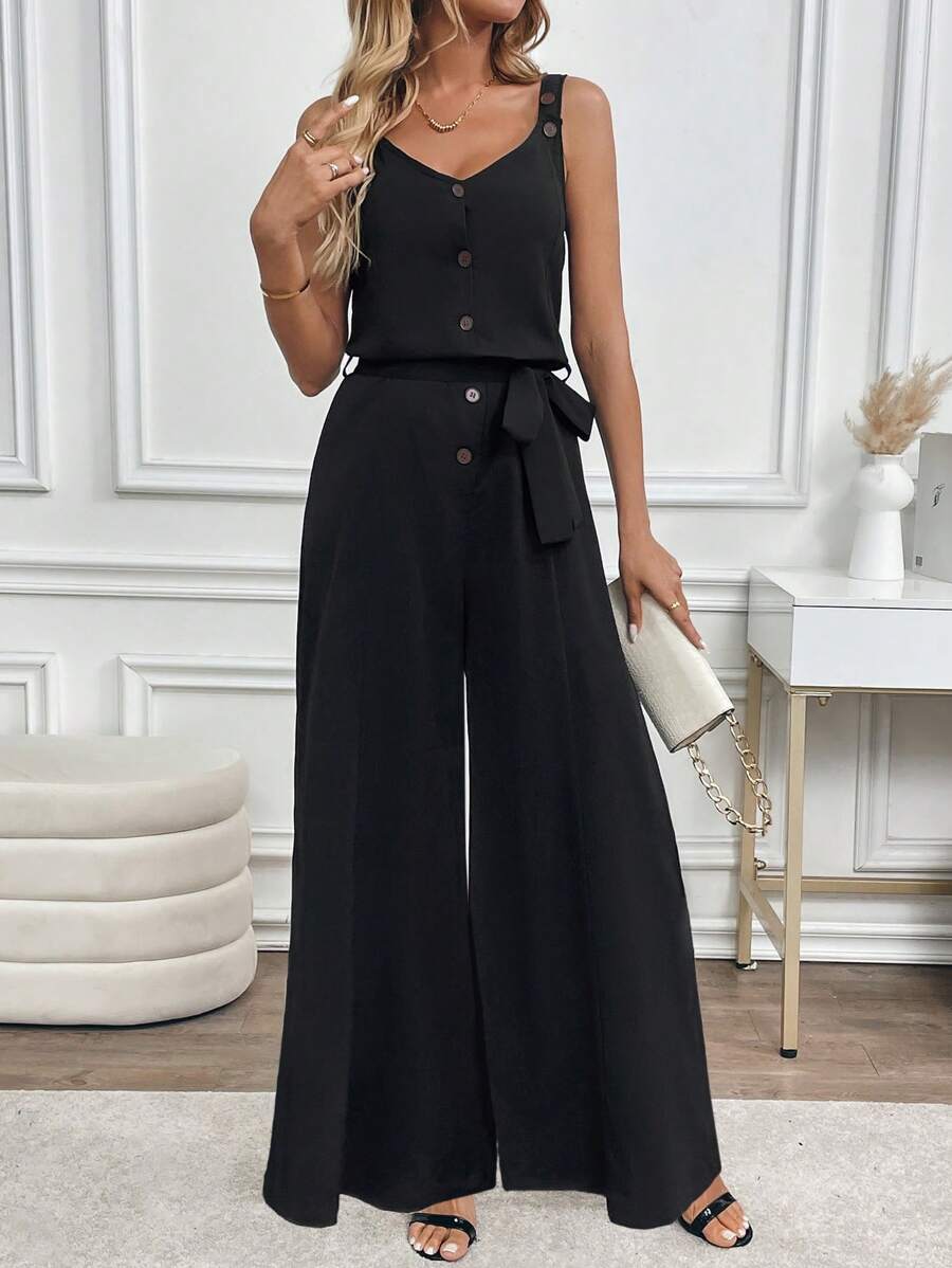 INAWLY Mono informal de pierna ancha de unicolor para mujer