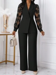 Xyvia 2pcs Set Women's Lace Trim Button Design Waist Cincher Fall Cloth For Women - Black - View 3