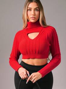 Zolique 女士镂空长袖高领心形镂空套头毛衣，适合新年、性感夜店、节日派对等场合，秋冬季女士针织套头衫。 - 紅色 - 查看 6