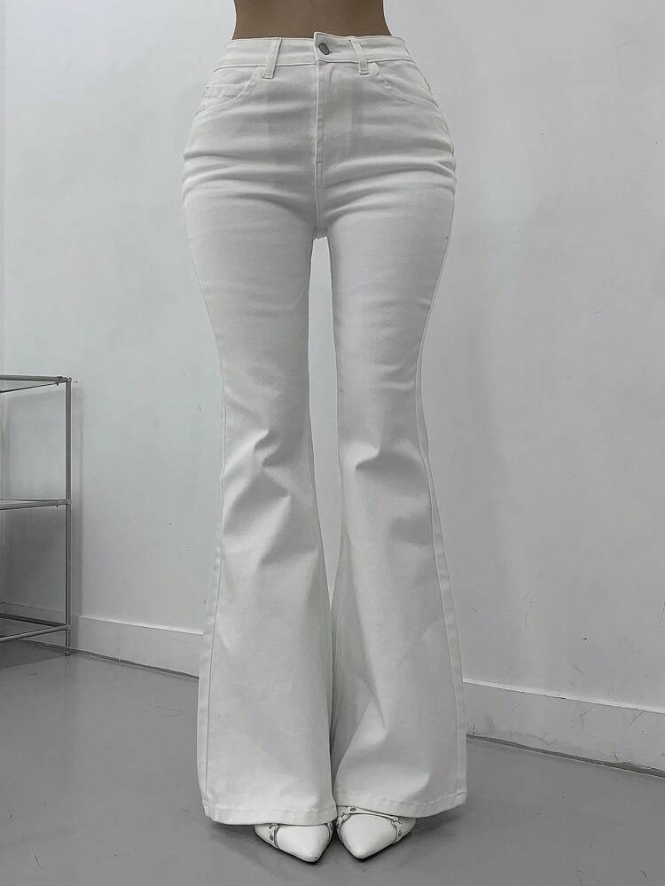 Women Solid Color Pocket Casual Flared Jeans