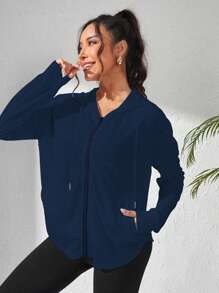 Easithlete Zip Up Drawstring Hooded Sports Jacket - Navy Blue - View 6