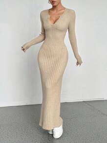 Flirla Casual Women Versatile Long Knit Sweater Dress Fall Cloth For Women - Khaki - View 4