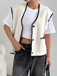 Chiquease Chaqueta casual sencilla de mujer con bolsillo delantero con botones y parche de unicolor - Albaricoque - Ver 4