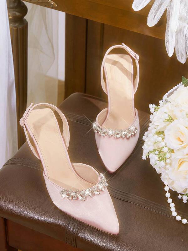 CUCCOO HITCHD Women's Spring/Summer New V-Cut Low-Cut Cross Strap Glamorous Elegant Pointed Toe Ankle Strap Buckle Metal Decor Soft Comfortable Gemstone Beaded Chain Embellished Stilettos Spring Shoes Spring Break Easter Prom Heels