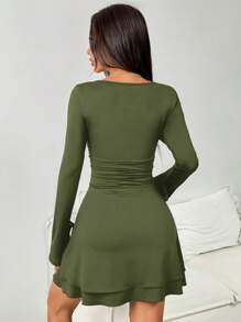 SHEIN EZwear New Arrival Autumn Olive Green V-Neck Waist Cinched Long Sleeve Women Dress - Army Green - View 2