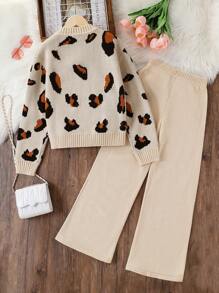 Tween Girls 2 Pieces Knit Sweater Set, Fashionable Leopard Pattern Cardigan With Long Pants, Versatile For Various Occasions Like Home Gatherings, Outings, School, Etc. - Apricot - View 2