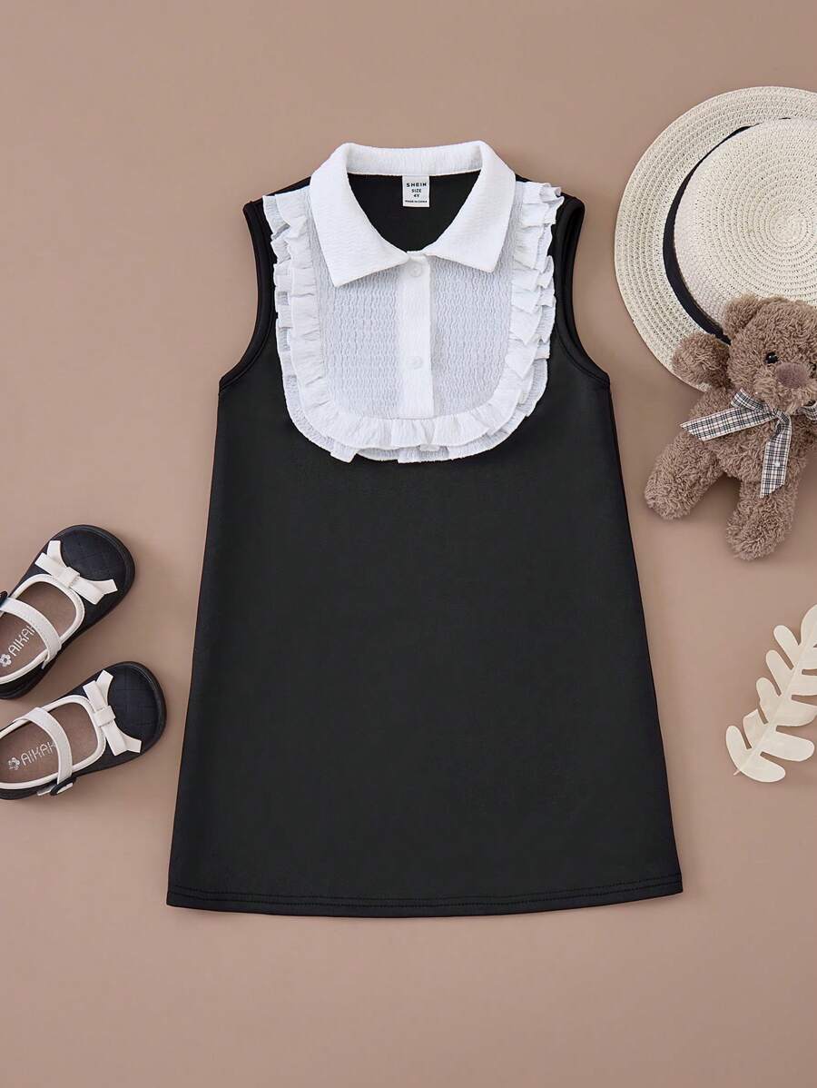 PrepCrw Young Girls' College Style Black & White Splicing Ruffle Trim Woven Bodycon Dress With Collar