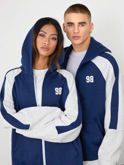 Manfinity VCAY Sudadera con capucha de punto retazos con estampado de letras, holgada, con cremallera, hombros caídos, para salir, de manga larga, con cremallera completa, en color block azul real, para regalos a amigos, esposo, novio, para otoño e invierno