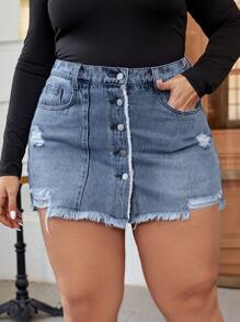 SHEIN CURVE+ Plus Size Women's Casual Pockets Fringe Hem Single-Breasted Denim Skort - Dark Wash - View 1