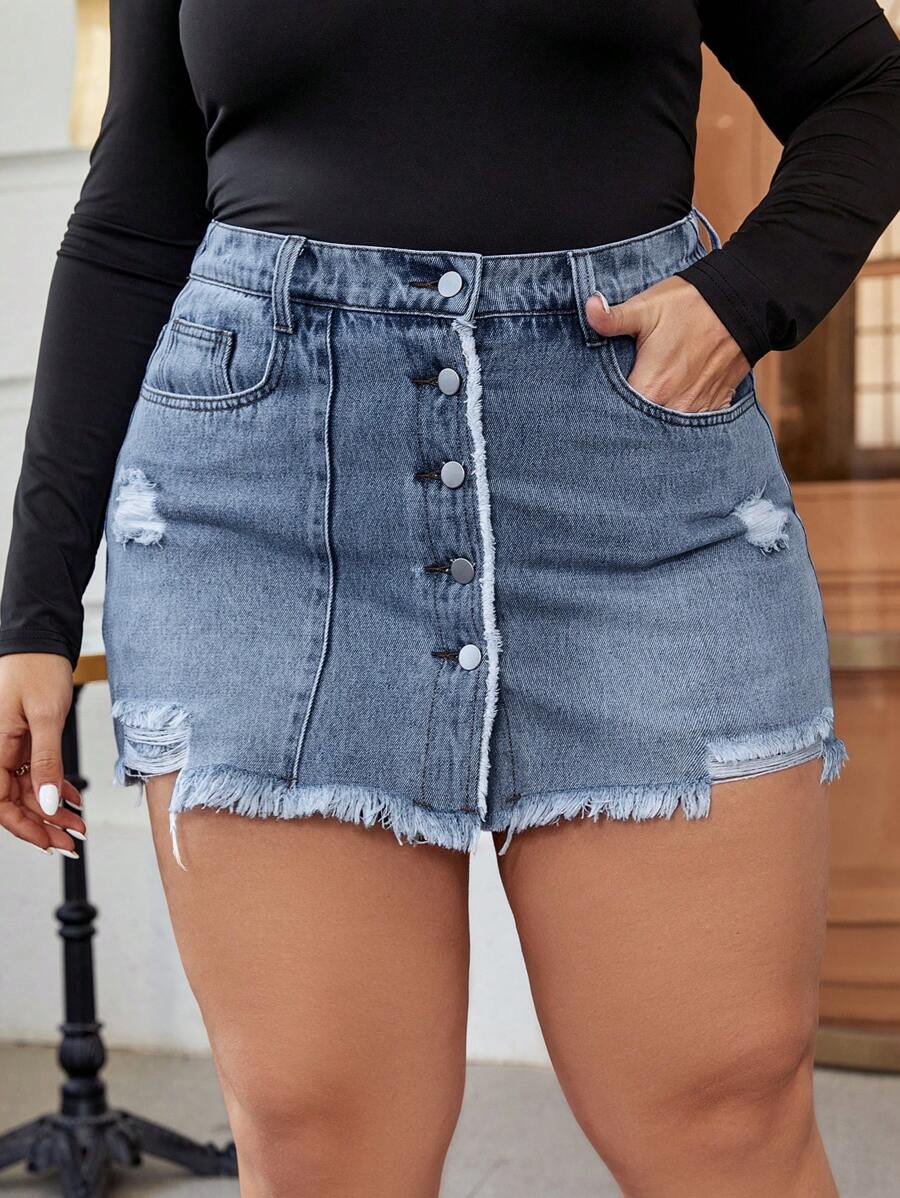 SHEIN CURVE+ Plus Size Women's Casual Pockets Fringe Hem Single-Breasted Denim Skort - Dark Wash - View 1