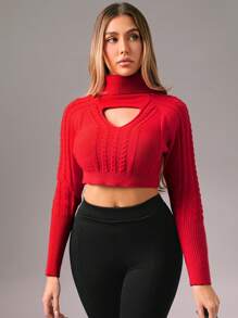 Zolique 女士镂空长袖高领心形镂空套头毛衣，适合新年、性感夜店、节日派对等场合，秋冬季女士针织套头衫。 - 紅色 - 查看 4