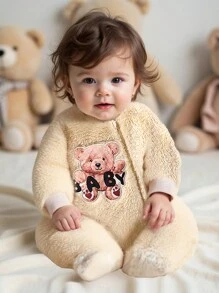 Baju Terusan Bayi Perempuan Baru Lahir Motif Beruang Lucu Lengan Panjang Bahan Fleece dengan Penutup Kaki, Pakaian Rumah yang Hangat dan Nyaman - Aprikot - View 5