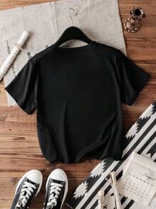 INAWLY Casual Simple Music Note & Heart Print Round Neck Short Sleeve T-Shirt Graphic Tees Women Tops - Black - View 2