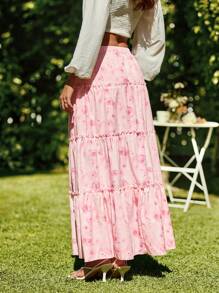 SHEIN VCAY Falda floja tejida con estampado floral de cintura alta para mujeres en vacaciones - Rosa - Ver 2