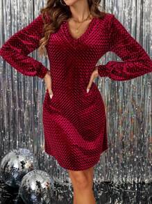 SHEIN Clasi Women V-Neck Velvet Christmas New Year Mini Dress