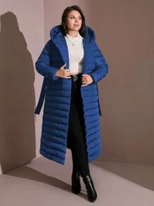 RueChic Women's Plus Hooded Longline Puffer Thick Pockets Belted Buttoned Winter Coat - Navy Blue - View 3