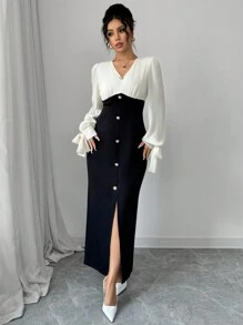 Elenzga Đầm thường ngày đơn giản màu trơn tay dài cài nút phía trước cho nữ - Đen và trắng - Xem 1