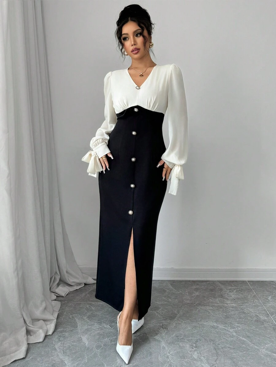 Elenzga Đầm thường ngày đơn giản màu trơn tay dài cài nút phía trước cho nữ - Đen và trắng - Xem 1