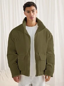 Manfinity VCAY Men's Loose Fit Stand Collar Casual Jacket, Suitable For Daily Wear In Winter - Army Green - View 1