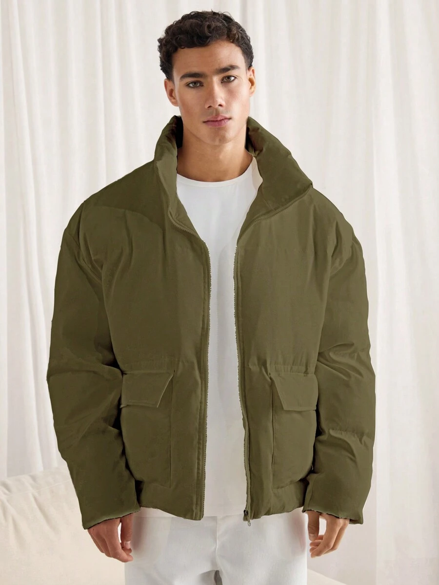 Manfinity VCAY Men's Loose Fit Stand Collar Casual Jacket, Suitable For Daily Wear In Winter - Army Green - View 1