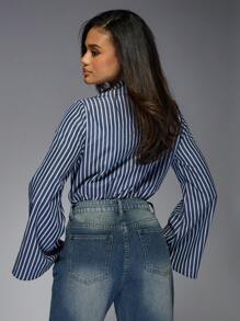 MISSGUIDED Trendsetting Classic Long Sleeve Bodysuit Vertical Striped Pattern Front Tie Collared Neckline Plunge Cut Office Professional Business Casual Autumn Spring - Navy Blue - View 2