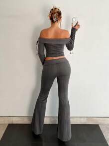 EgrlEra 女士露肩抽绳长袖露肩上衣和低腰裤套装，Y2K 两件套西装，秋季 Y2K 服装 - 深灰色 - 查看 2