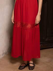 VERO DIAZ Designer Red Chiffon Contrast Lace Cut Out Long Party Dress Outfit, Going Out, Spring, Festival, Rave Outfits Festival - Red - View 6