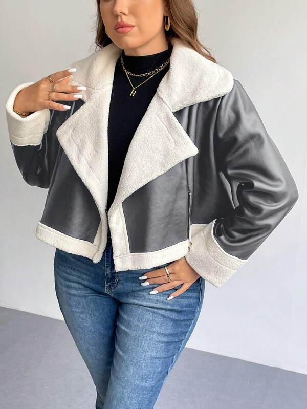 SHEIN Privé Modische Damen Jacken in Große Größen aus warm gefütterten Kunstleder und Thermofutter, Farbblockdesign, Relaxed Fit Langarm Schwarze Mäntel für den Winter