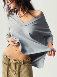 Bohemela Áo thun tay ngắn cổ chữ V màu trơn đơn giản dành cho nữ - Màu xanh Bạc hà - Xem 6