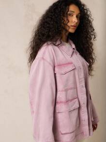 SUMWON WOMEN Oversized Utility Trucker Jacket Washed Cotton Fall Winter Spring Relaxed Fit Multiple Pockets Everyday Casual Outdoor Workwear Streetwear - Dusty Pink - View 4