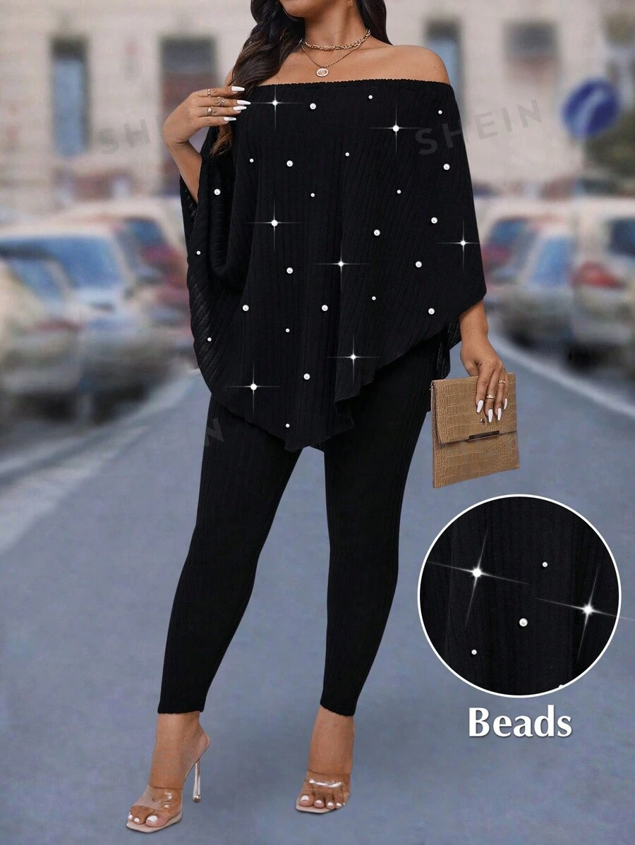 SHEIN LUNE Conjunto de 2 piezas de talla grande suéter y pantalones adornados con patrón de regla de punto, cálido para otoño/invierno