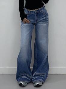 DAZY 女士休闲破洞阔腿牛仔裤，宽松低腰牛仔裤 - 中等水洗藍 - 查看 6