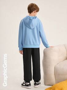 Tween Boys Casual Letter & Cartoon Print Round Neck Drop Shoulder Long Sleeve Hoodie And Pants 2 Pieces Clothes Set, Autumn/Winter