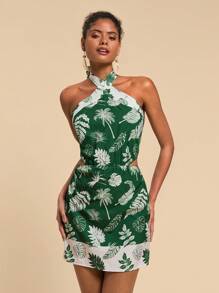 Travachic Woven Printed Halter Backless Tie Bodycon Women Mini Dress - Green - View 1