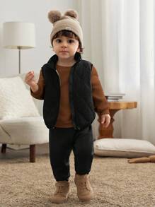 Cozy Pixies 3 件套男婴圆领长袖套头连帽衫、厚背心和休闲长裤套装 - 黑色 - 查看 4