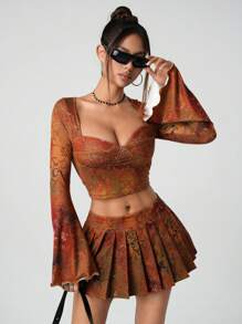 SHEIN ICON Conjunto de 2 piezas de top con mangas abombadas largas y cuello de diamante, y falda plisada, con estampado, de estilo Y2K boho para Año Nuevo
