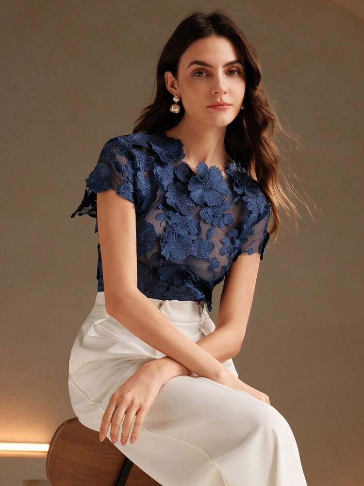 Romantic Floral Embroidery Patchwork Blouse With Decorative Flower Applique