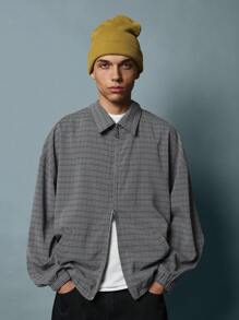 SUMWON Vintage Style Checkered Zip Front Shacket Loose Fit Oversized Casual Streetwear Spring Fall Outerwear Weekend Urban Daily Essentials Lightweight - Black and White - View 1
