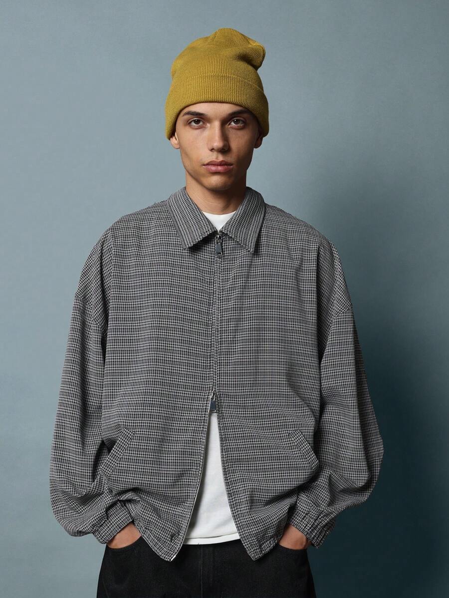 SUMWON Vintage Style Checkered Zip Front Shacket Loose Fit Oversized Casual Streetwear Spring Fall Outerwear Weekend Urban Daily Essentials Lightweight - Black and White - View 1