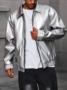 Manfinity EMRG Men's Long Sleeve Casual Metallic Zip-Up Jacket For Outdoor Wear, Autumn, Men Silver Metallic Jacket - Silver - View 6