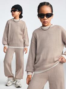 SHEIN Tween Girl 拼色圆领落肩长袖毛衣和针织裤休闲装，秋冬 - 卡其色 - 查看 6