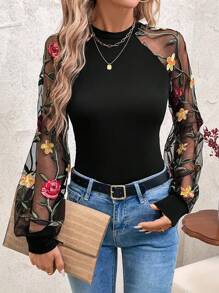 SHEIN Clasi 花卉刺绣透明袖衬衫，美丽浪漫，适合女性，情人节