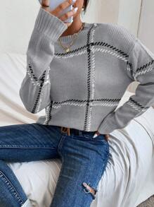 SHEIN LUNE 休闲拼色格子落肩毛衣，秋冬 - 灰色 - 查看 5