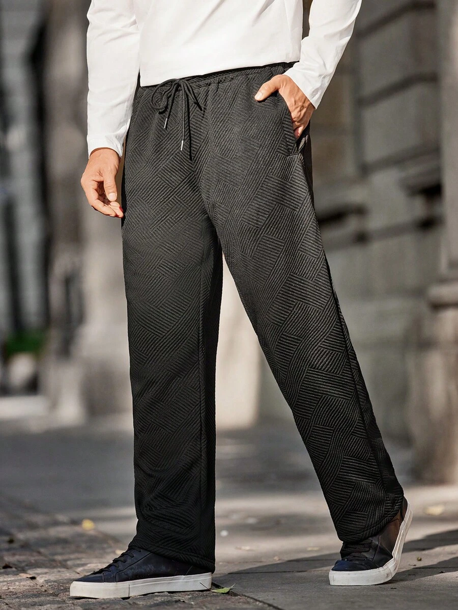 Manfinity Homme Men's Casual Solid Color Textured Drawstring Waist Sweatpants - Black - View 1