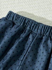 SHEIN 年轻女孩优雅法式灰色波尔卡圆点宽松松紧腰短裤，秋冬 - 彩色 - 查看 3