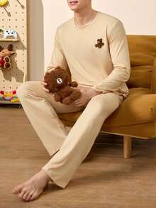 Men's Round Neck Long Sleeve Pattern Detail Minimalist Pajama Top And Pants Set - Khaki - View 3