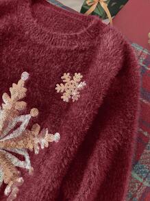 SHEIN Frenchy Plus Size Casual Christmas Snowflake Sequin Fluffy Trim Black Pullover Sweater - Red - View 6