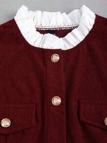 Sweetra 立领前扣撞色优雅修身长袖连衣裙酒红色女装 - 酒紅色 - 查看 5