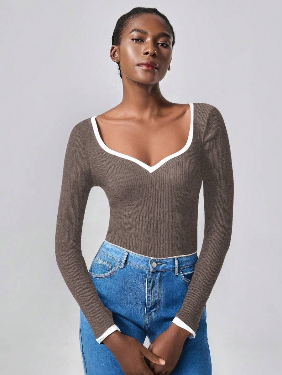 Almamuse Suéter de punto con cuello de corazón y ribete de contraste, jersey de punto para otoño e invierno - Caqui - Ver 1